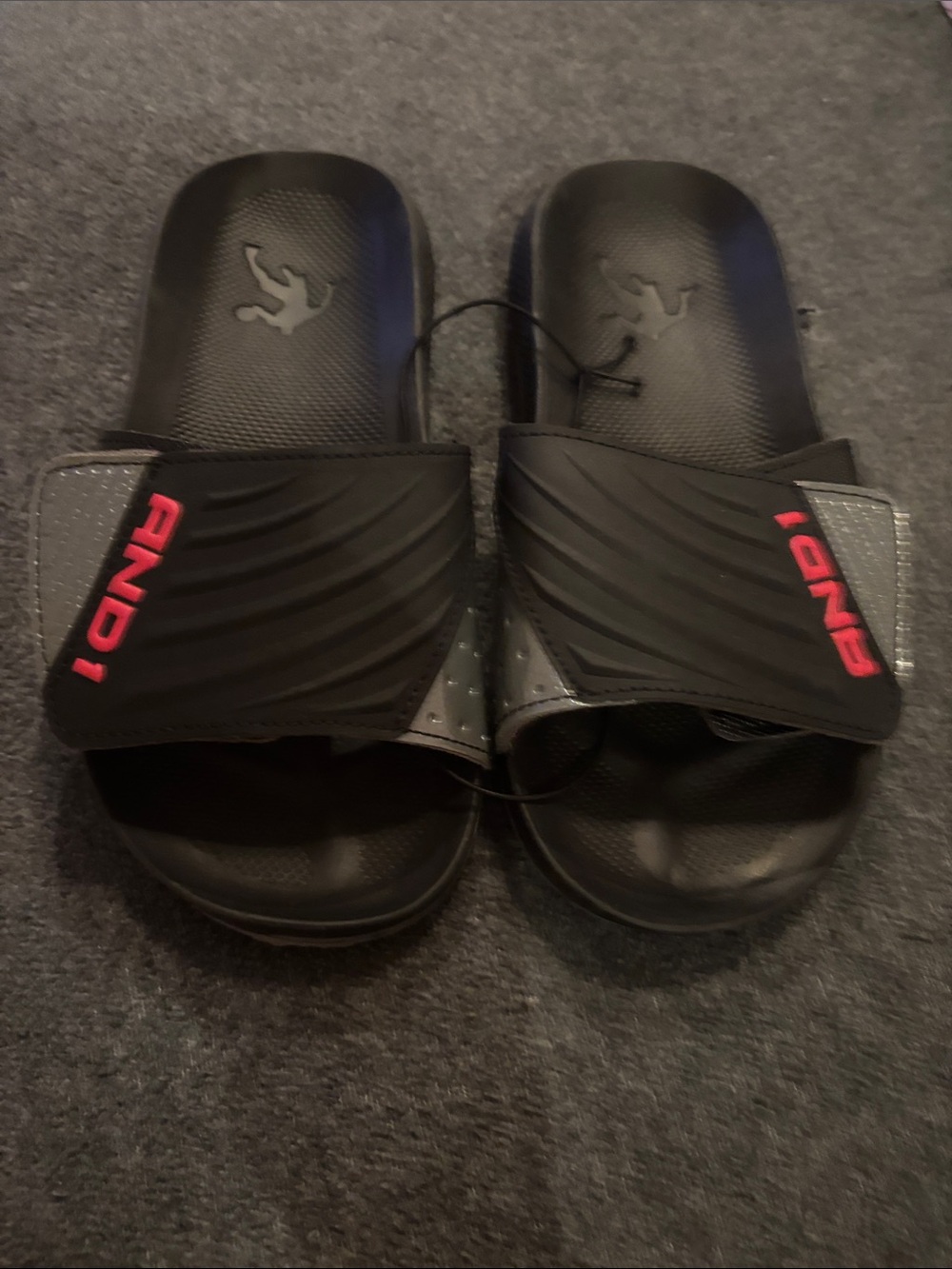 NWT And1 Black Slide Sandals with Red Logo Accent